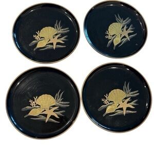 OTAGIRI Japan lacquerware coasters and case‎ Gold Sea Shells set of 4 vintage
